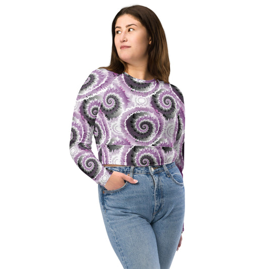 Asexual Pride Recycled Long Sleeve Crop Top - LGBTQIA Black, Gray, Purple, and White Flag Cropped Shirt - Parade Club Swimming