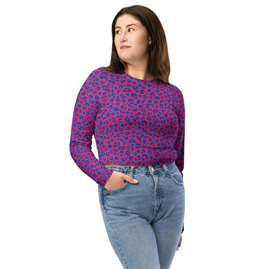 Bisexual Pride Recycled Long Sleeve Crop Top - LGBTQIA Pink, Purple, Blue Flag Cropped Shirt - Parade Club Swimming