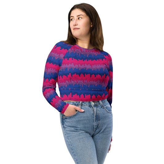 Bisexual Pride Recycled Long Sleeve Crop Top - LGBTQIA Pink, Purple, Blue Flag Cropped Shirt - Parade Club Swimming