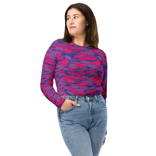 Bisexual Pride Recycled Long Sleeve Crop Top - LGBTQIA Pink, Purple, Blue Flag Cropped Shirt - Parade Club Swimming