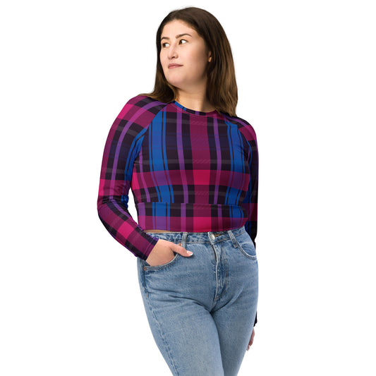 Bisexual Pride Recycled Long Sleeve Crop Top - LGBTQIA Pink, Purple, Blue Flag Cropped Shirt - Parade Club Swimming