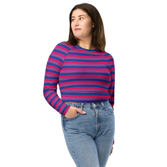 Bisexual Pride Recycled Long Sleeve Crop Top - LGBTQIA Pink, Purple, Blue Flag Cropped Shirt - Parade Club Swimming