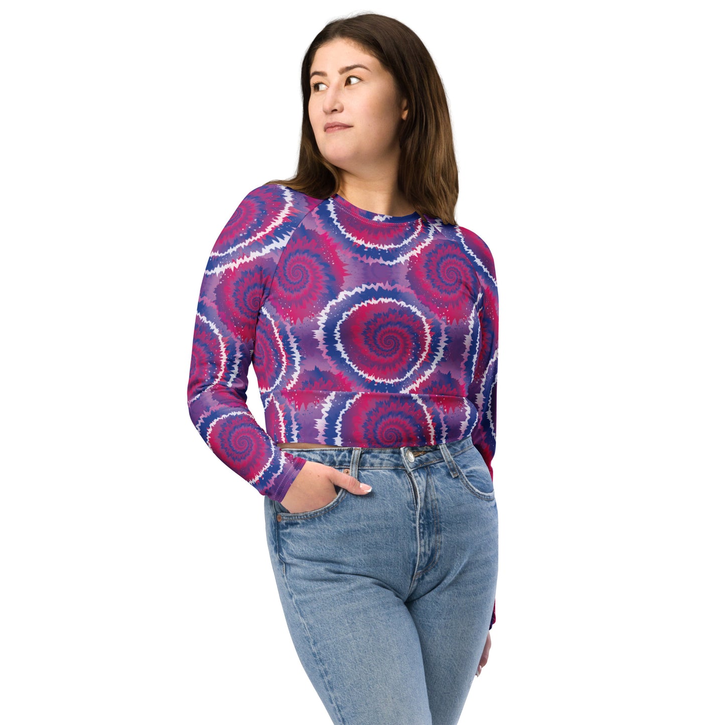 Bisexual Pride Recycled Long Sleeve Crop Top - LGBTQIA Pink, Purple, Blue Flag Cropped Shirt - Parade Club Swimming