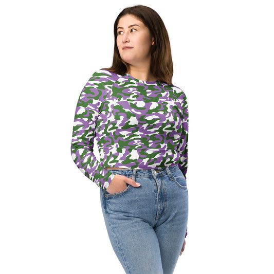 Gender Queer Pride Recycled Long Sleeve Crop Top - LGBTQIA Purple, White, Green Flag Cropped Shirt - Parade Club Swimming