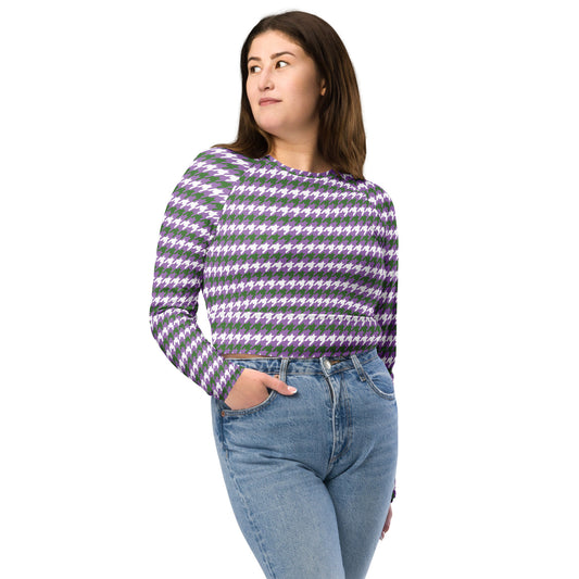 Gender Queer Pride Recycled Long Sleeve Crop Top - LGBTQIA Purple, White, Green Flag Cropped Shirt - Parade Club Swimming