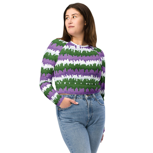 Gender Queer Pride Recycled Long Sleeve Crop Top - LGBTQIA Purple, White, Green Flag Cropped Shirt - Parade Club Swimming