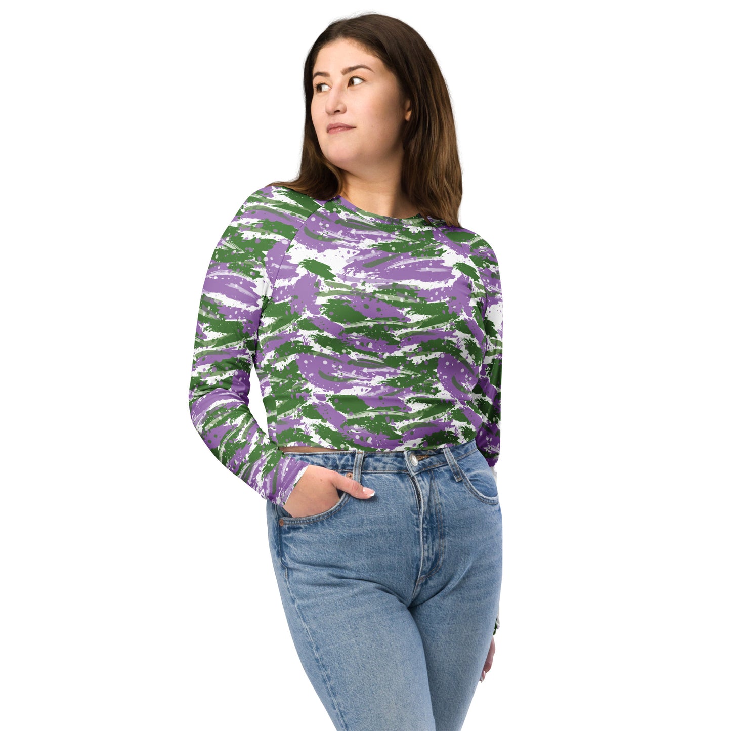 Gender Queer Pride Recycled Long Sleeve Crop Top - LGBTQIA Purple, White, Green Flag Cropped Shirt - Parade Club Swimming