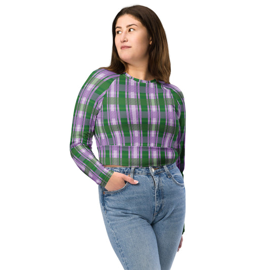 Gender Queer Pride Recycled Long Sleeve Crop Top - LGBTQIA Purple, White, Green Flag Cropped Shirt - Parade Club Swimming