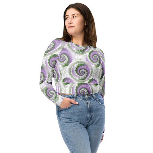 Gender Queer Pride Recycled Long Sleeve Crop Top - LGBTQIA Purple, White, Green Flag Cropped Shirt - Parade Club Swimming