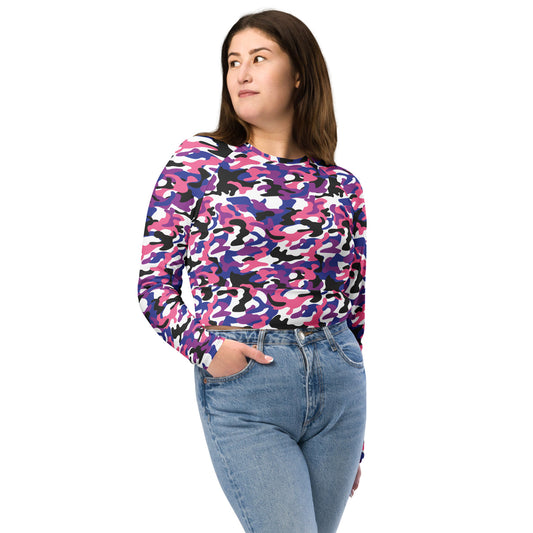 Genderfluid Pride Recycled Long Sleeve Crop Top - LGBTQIA Pink, White, Purple, Black, Blue Flag Cropped Shirt - Parade Club Swimming