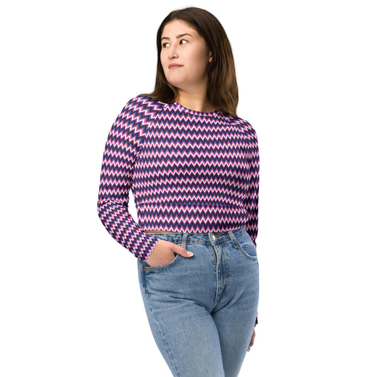 Genderfluid Pride Recycled Long Sleeve Crop Top - LGBTQIA Pink, White, Purple, Black, Blue Flag Cropped Shirt - Parade Club Swimming