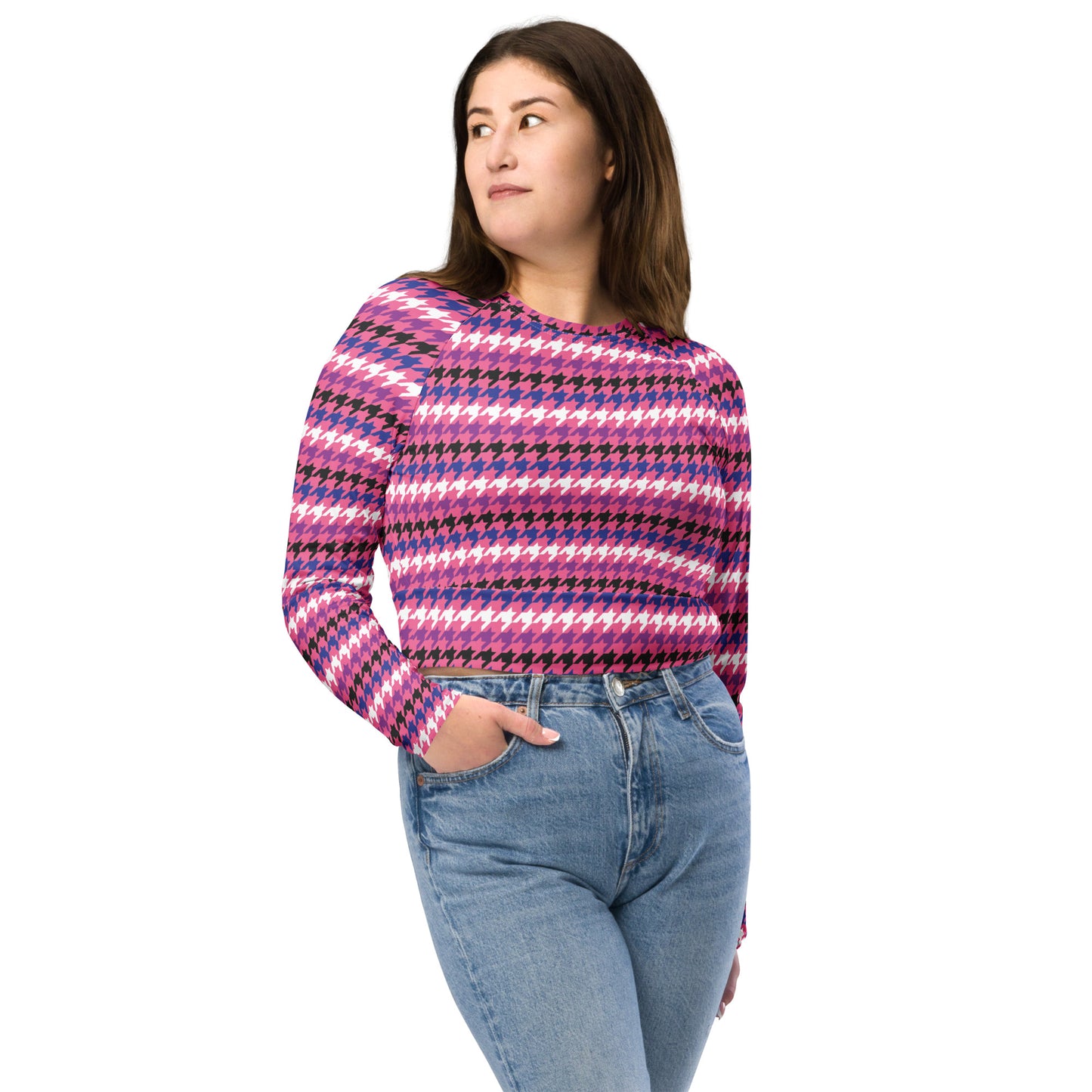 Genderfluid Pride Recycled Long Sleeve Crop Top - LGBTQIA Pink, White, Purple, Black, Blue Flag Cropped Shirt - Parade Club Swimming