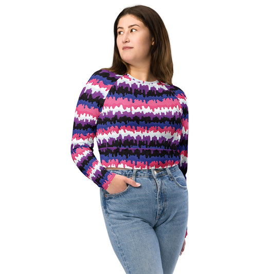 Genderfluid Pride Recycled Long Sleeve Crop Top - LGBTQIA Pink, White, Purple, Black, Blue Flag Cropped Shirt - Parade Club Swimming