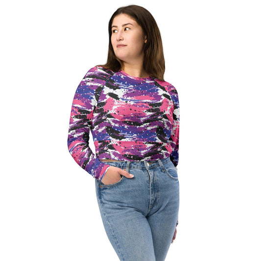 Genderfluid Pride Recycled Long Sleeve Crop Top - LGBTQIA Pink, White, Purple, Black, Blue Flag Cropped Shirt - Parade Club Swimming