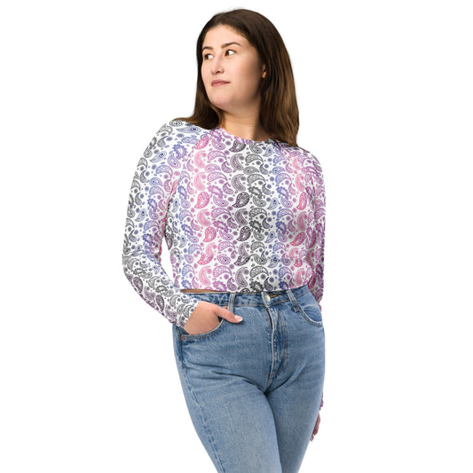 Genderfluid Pride Recycled Long Sleeve Crop Top - LGBTQIA Pink, White, Purple, Black, Blue Flag Cropped Shirt - Parade Club Swimming