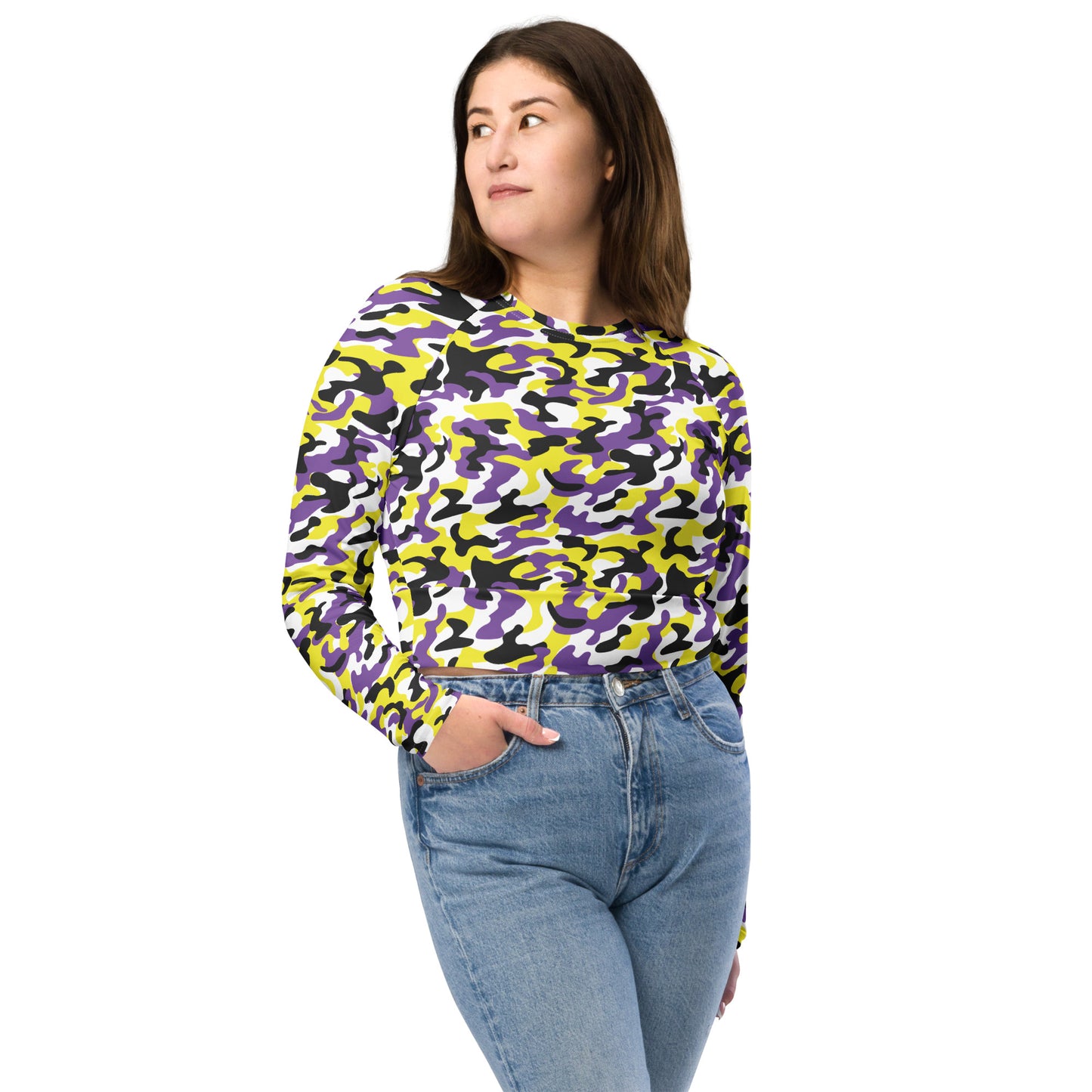 Non Binary Pride Recycled Long Sleeve Crop Top - LGBTQIA Yellow, Purple, White, Black Flag Cropped Shirt - Parade Club Swimming