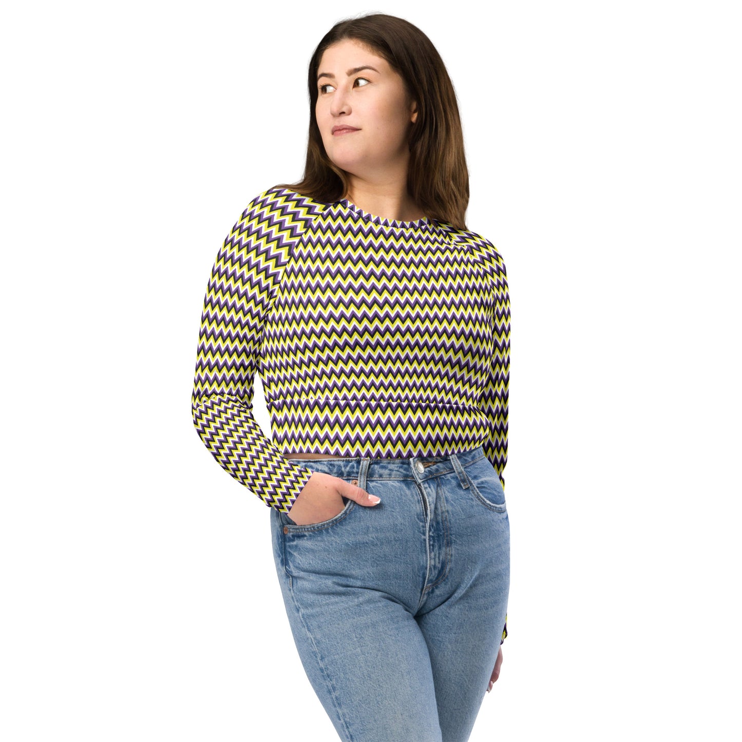 Non Binary Pride Recycled Long Sleeve Crop Top - LGBTQIA Yellow, Purple, White, Black Flag Cropped Shirt - Parade Club Swimming