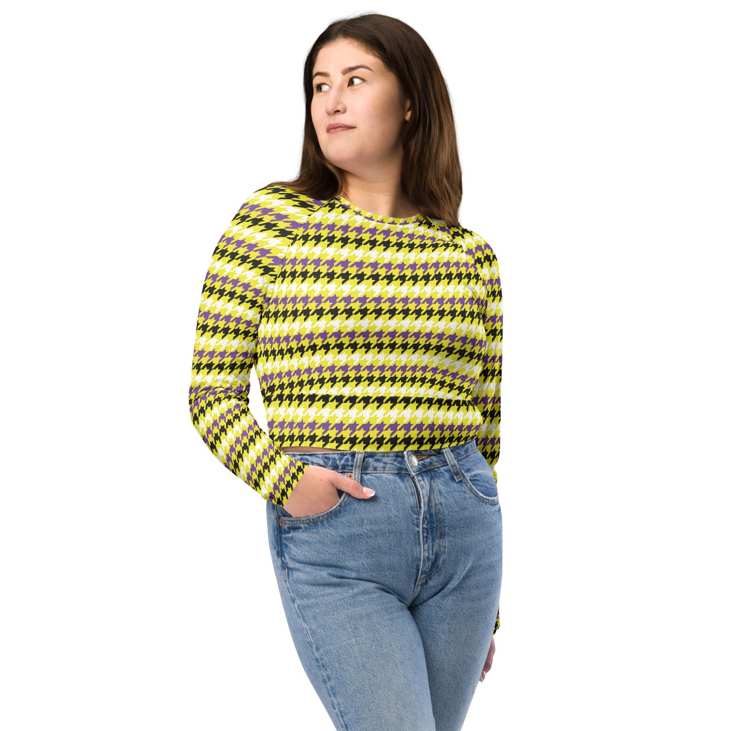 Non Binary Pride Recycled Long Sleeve Crop Top - LGBTQIA Yellow, Purple, White, Black Flag Cropped Shirt - Parade Club Swimming