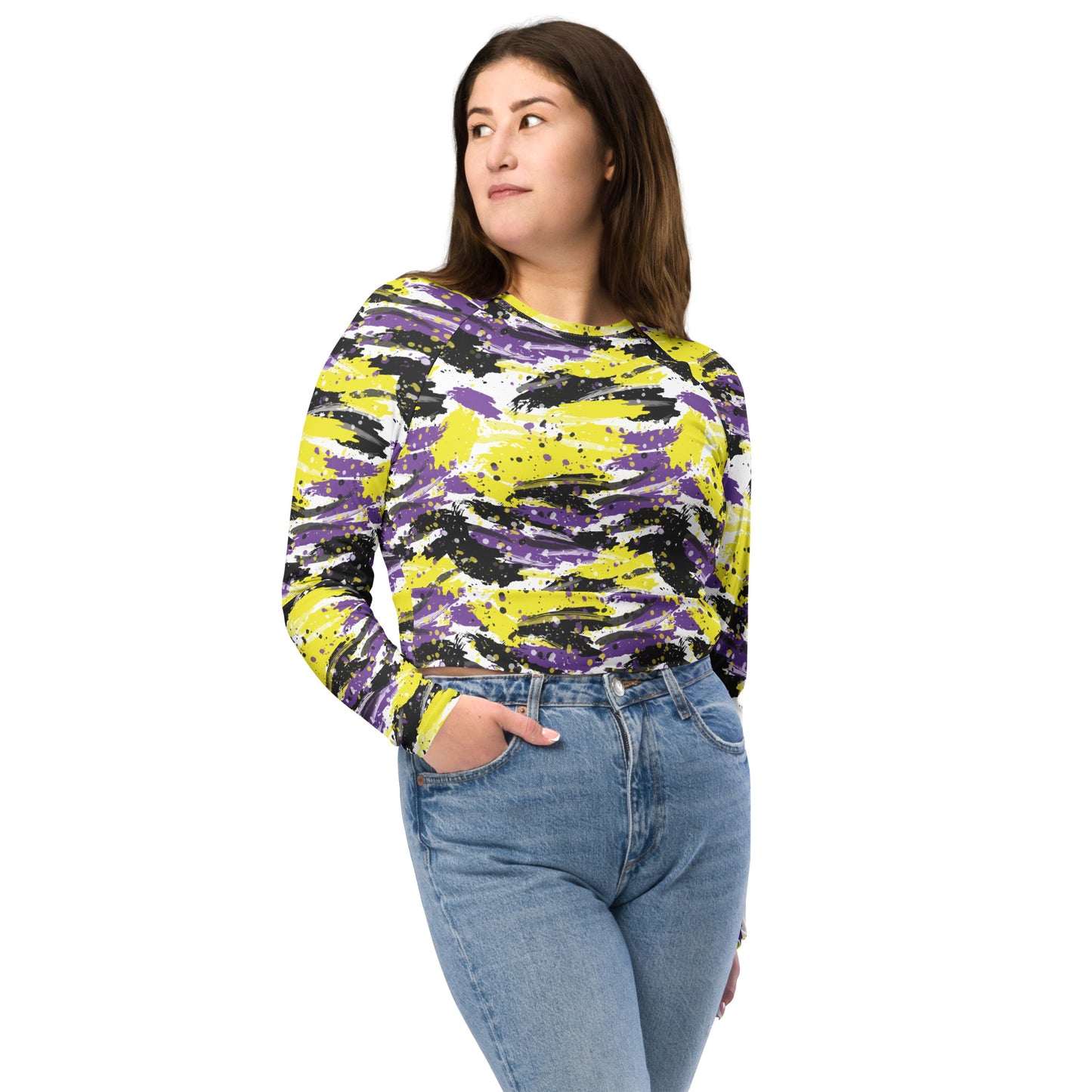 Non Binary Pride Recycled Long Sleeve Crop Top - LGBTQIA Yellow, Purple, White, Black Flag Cropped Shirt - Parade Club Swimming