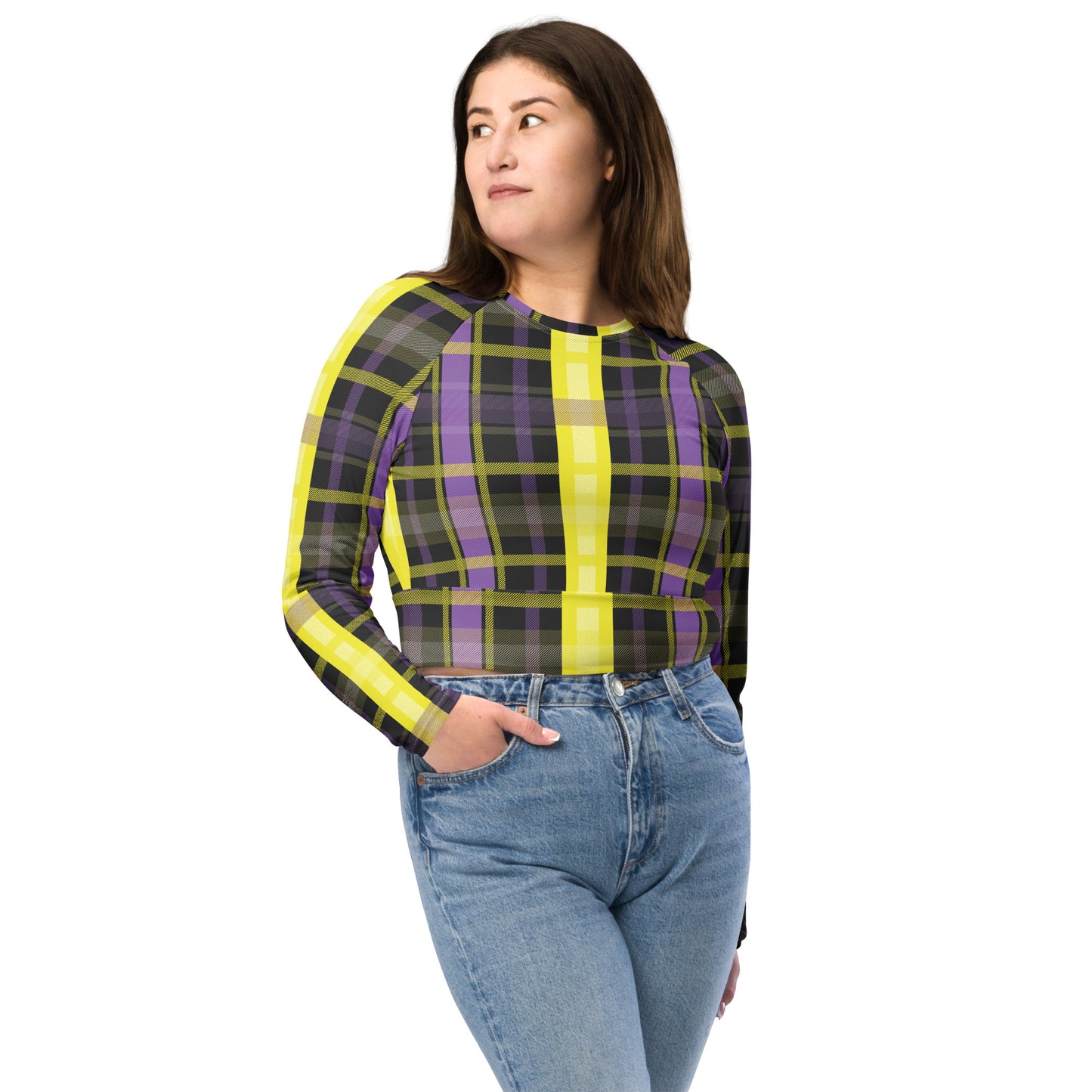 Non Binary Pride Recycled Long Sleeve Crop Top - LGBTQIA Yellow, Purple, White, Black Flag Cropped Shirt - Parade Club Swimming