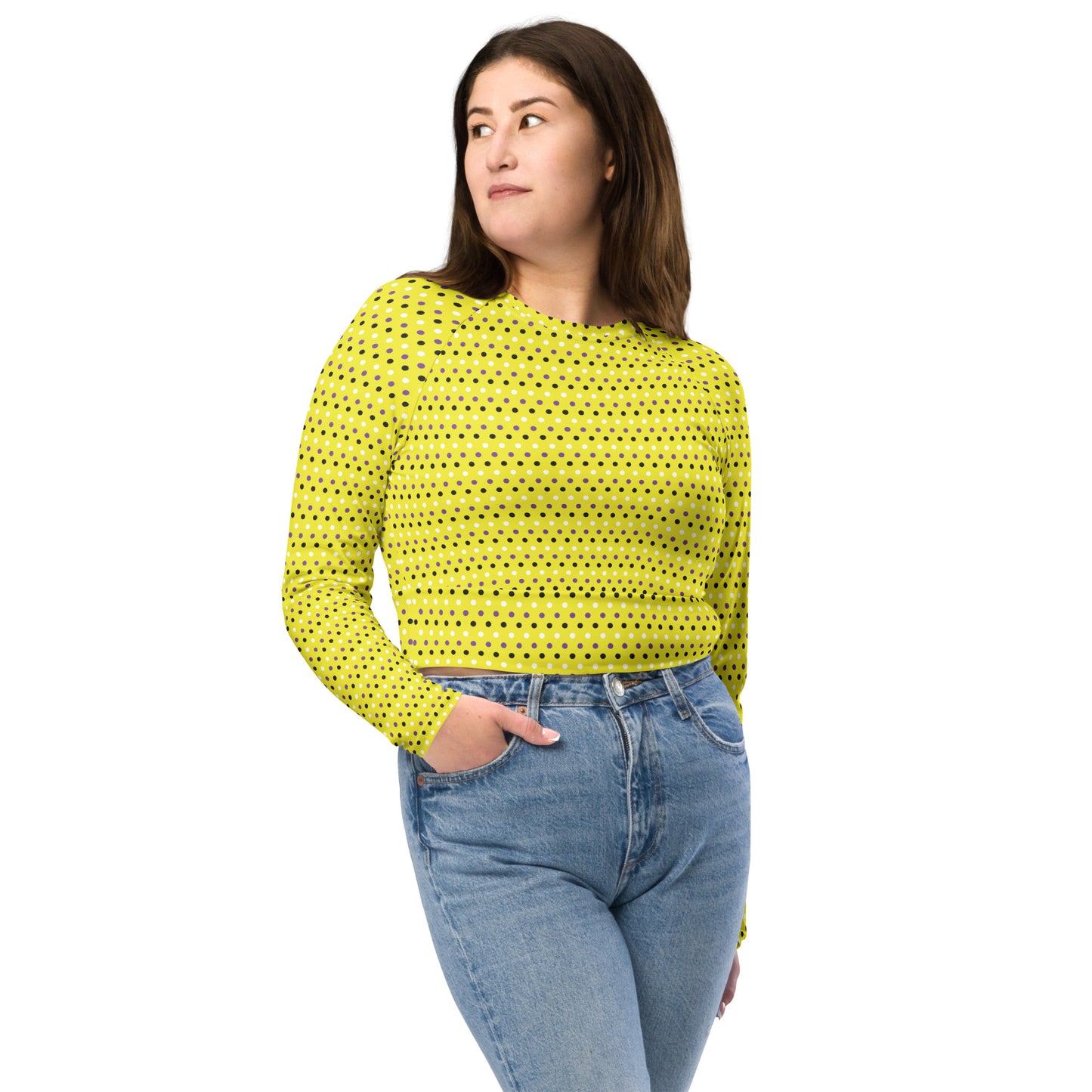 Non Binary Pride Recycled Long Sleeve Crop Top - LGBTQIA Yellow, Purple, White, Black Flag Cropped Shirt - Parade Club Swimming