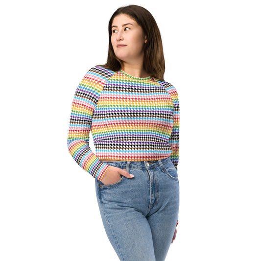 Progress Pride Pride Recycled Long Sleeve Crop Top - LGBTQIA Red, Orange, Yellow, Green, Rainbow, Purple, Black, Pink and White Flag Cropped Shirt - Parade Club Swimming