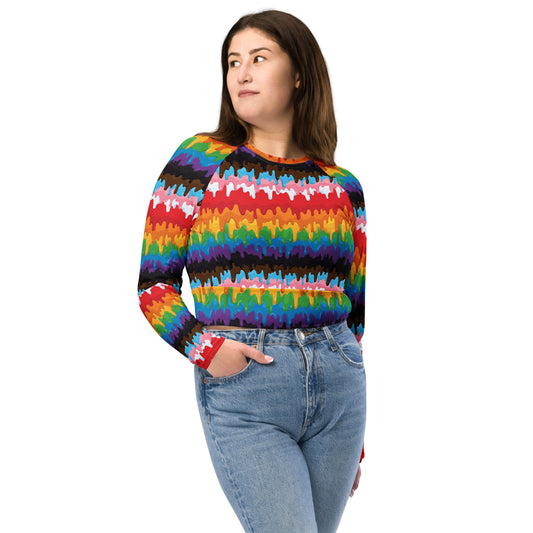 Progress Pride Pride Recycled Long Sleeve Crop Top - LGBTQIA Red, Orange, Yellow, Green, Rainbow, Purple, Black, Pink and White Flag Cropped Shirt - Parade Club Swimming