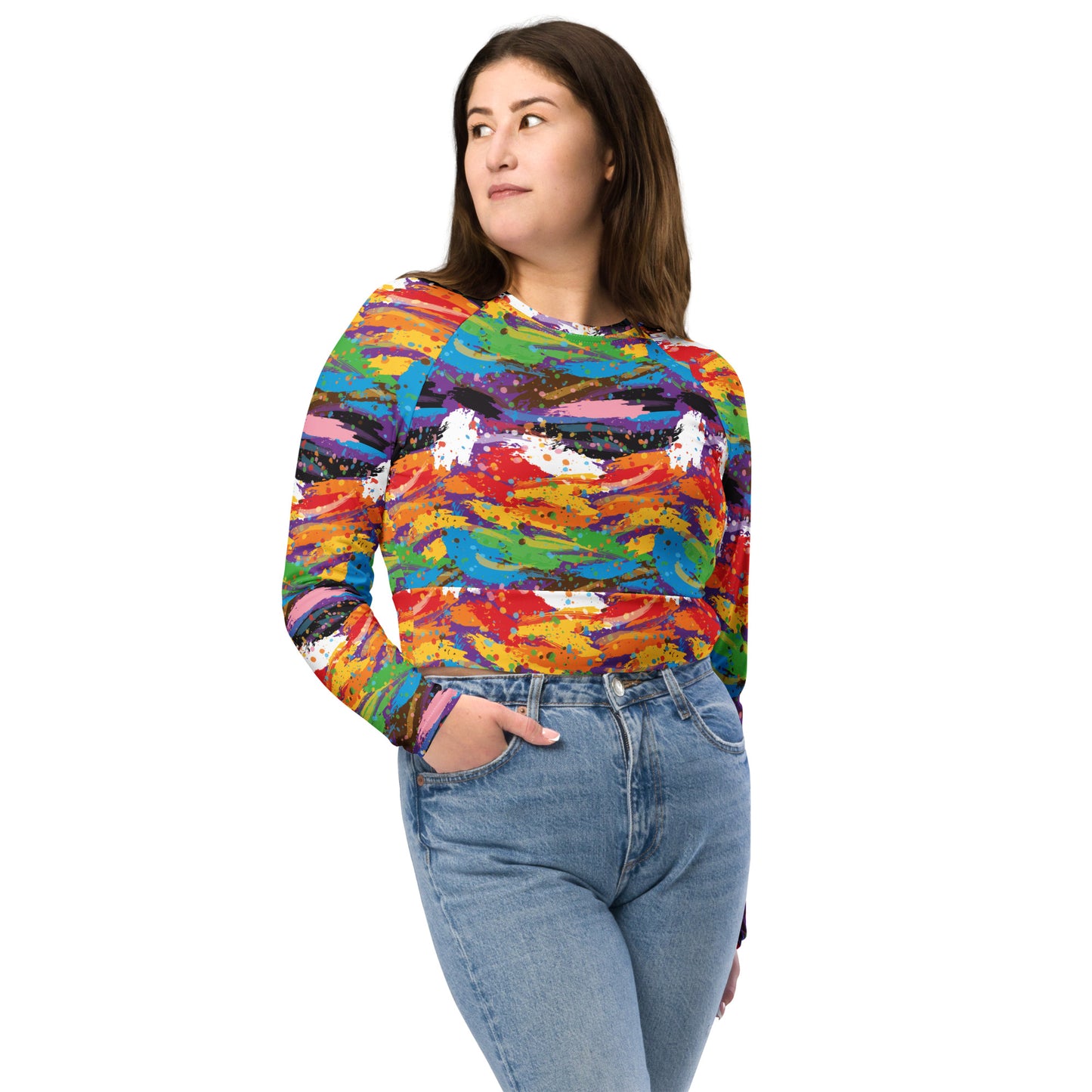 Progress Pride Pride Recycled Long Sleeve Crop Top - LGBTQIA Red, Orange, Yellow, Green, Rainbow, Purple, Black, Pink and White Flag Cropped Shirt - Parade Club Swimming