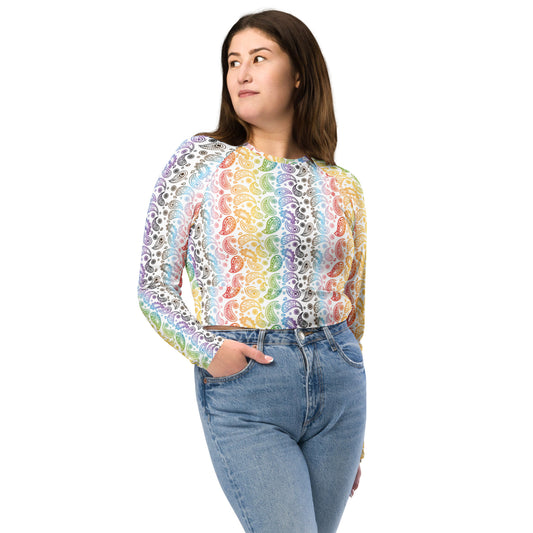 Progress Pride Pride Recycled Long Sleeve Crop Top - LGBTQIA Red, Orange, Yellow, Green, Rainbow, Purple, Black, Pink and White Flag Cropped Shirt - Parade Club Swimming