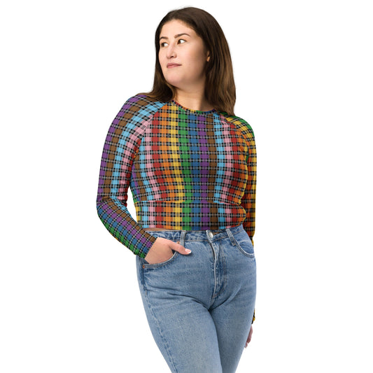 Progress Pride Pride Recycled Long Sleeve Crop Top - LGBTQIA Red, Orange, Yellow, Green, Rainbow, Purple, Black, Pink and White Flag Cropped Shirt - Parade Club Swimming