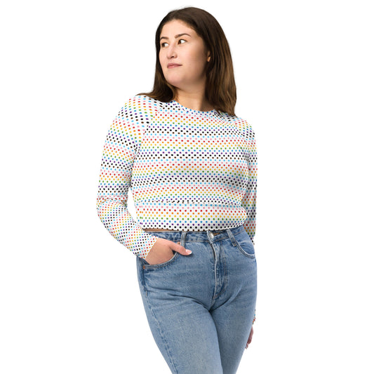 Progress Pride Pride Recycled Long Sleeve Crop Top - LGBTQIA Red, Orange, Yellow, Green, Rainbow, Purple, Black, Pink and White Flag Cropped Shirt - Parade Club Swimming