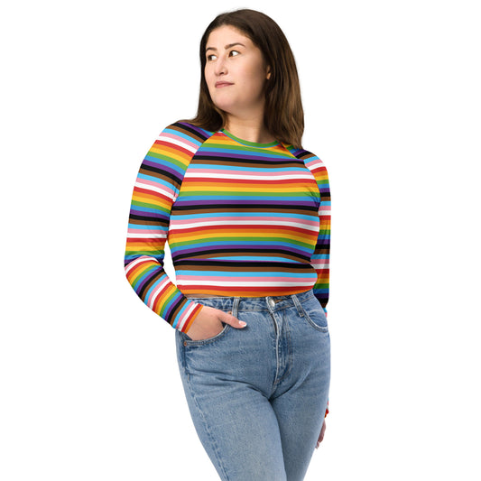 Progress Pride Pride Recycled Long Sleeve Crop Top - LGBTQIA Red, Orange, Yellow, Green, Rainbow, Purple, Black, Pink and White Flag Cropped Shirt - Parade Club Swimming