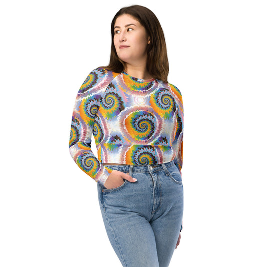 Progress Pride Pride Recycled Long Sleeve Crop Top - LGBTQIA Red, Orange, Yellow, Green, Rainbow, Purple, Black, Pink and White Flag Cropped Shirt - Parade Club Swimming