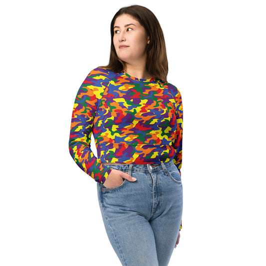 Rainbow Pride Recycled Long Sleeve Crop Top - LGBTQIA Red, Orange, Yellow, Green, Blue, Indigo, and Viole Flag Cropped Shirt - Parade Club Swimming