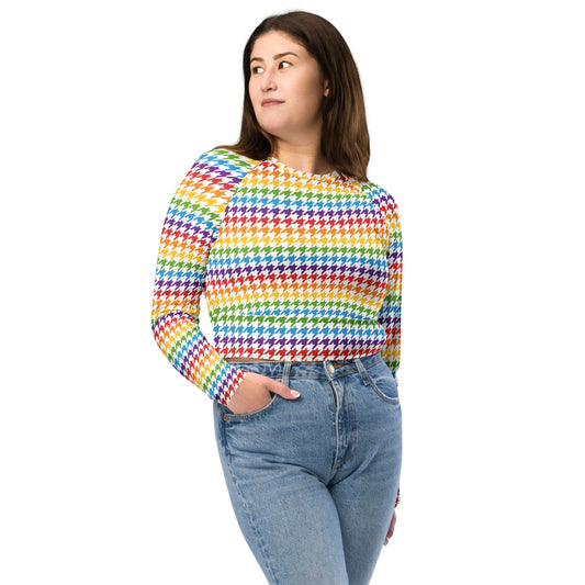 Rainbow Pride Recycled Long Sleeve Crop Top - LGBTQIA Red, Orange, Yellow, Green, Blue, Indigo, and Viole Flag Cropped Shirt - Parade Club Swimming