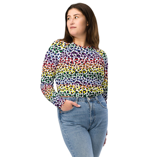 Rainbow Pride Recycled Long Sleeve Crop Top - LGBTQIA Red, Orange, Yellow, Green, Blue, Indigo, and Viole Flag Cropped Shirt - Parade Club Swimming