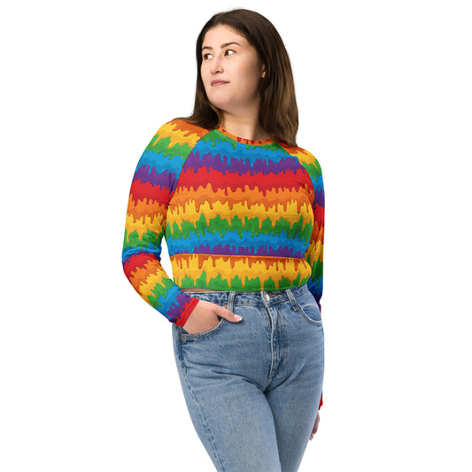 Rainbow Pride Recycled Long Sleeve Crop Top - LGBTQIA Red, Orange, Yellow, Green, Blue, Indigo, and Viole Flag Cropped Shirt - Parade Club Swimming