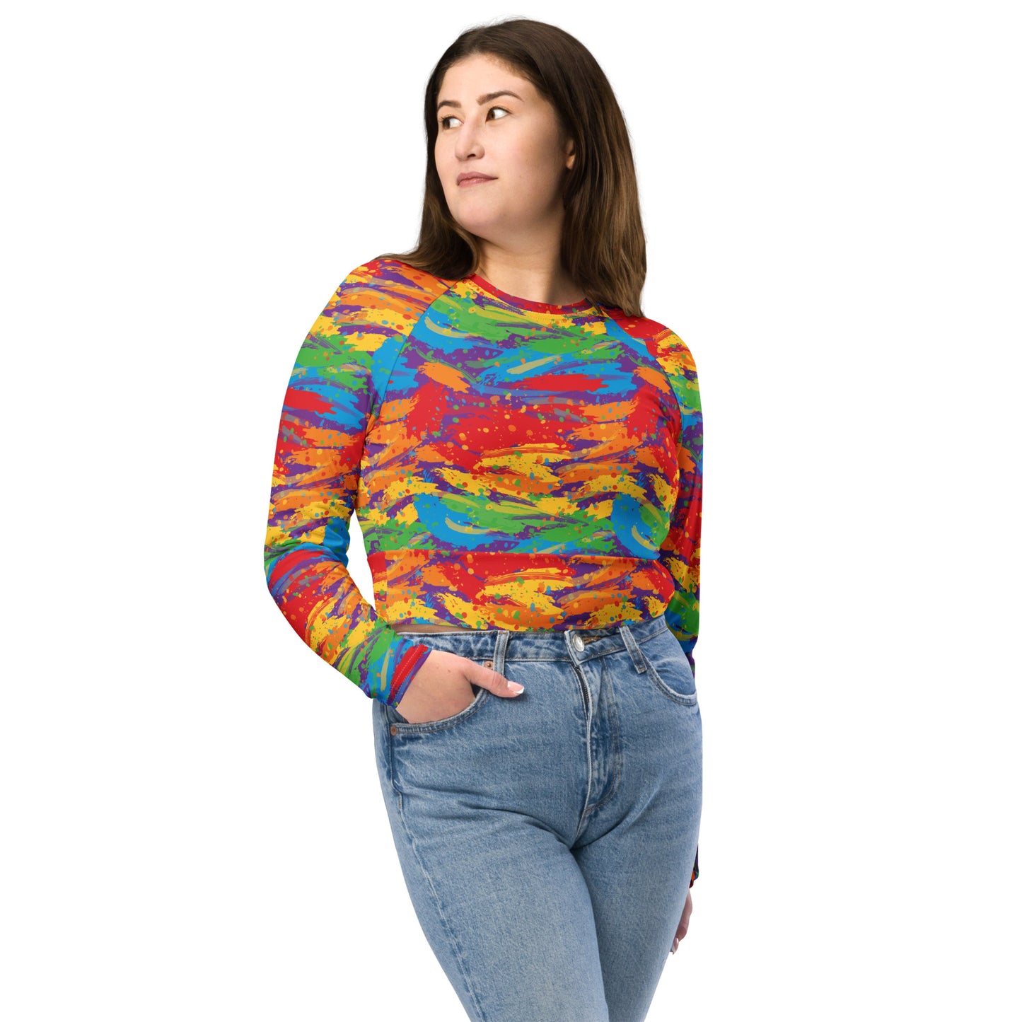 Rainbow Pride Recycled Long Sleeve Crop Top - LGBTQIA Red, Orange, Yellow, Green, Blue, Indigo, and Viole Flag Cropped Shirt - Parade Club Swimming