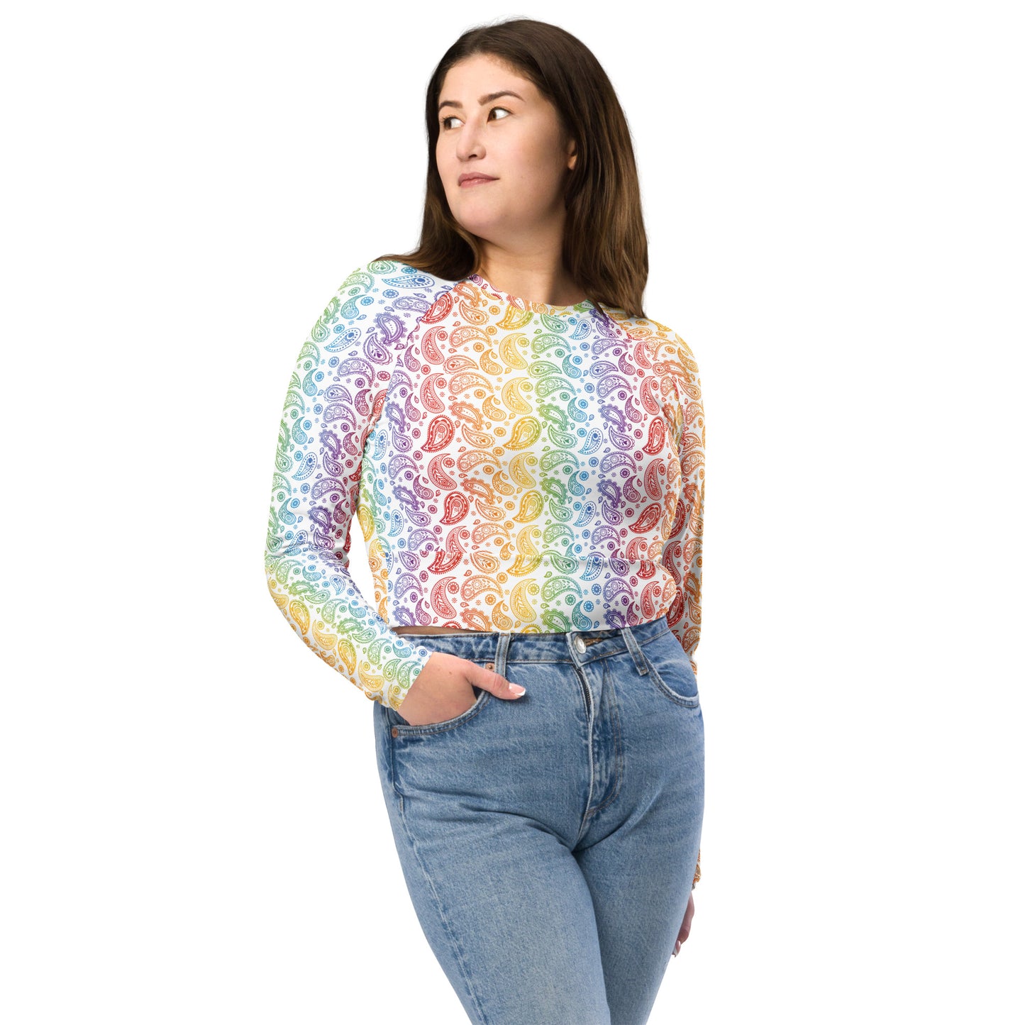 Rainbow Pride Recycled Long Sleeve Crop Top - LGBTQIA Red, Orange, Yellow, Green, Blue, Indigo, and Viole Flag Cropped Shirt - Parade Club Swimming