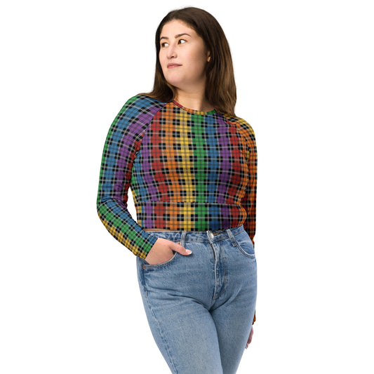 Rainbow Pride Recycled Long Sleeve Crop Top - LGBTQIA Red, Orange, Yellow, Green, Blue, Indigo, and Viole Flag Cropped Shirt - Parade Club Swimming