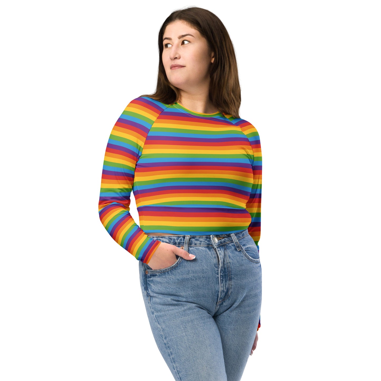 Rainbow Pride Recycled Long Sleeve Crop Top - LGBTQIA Red, Orange, Yellow, Green, Blue, Indigo, and Viole Flag Cropped Shirt - Parade Club Swimming