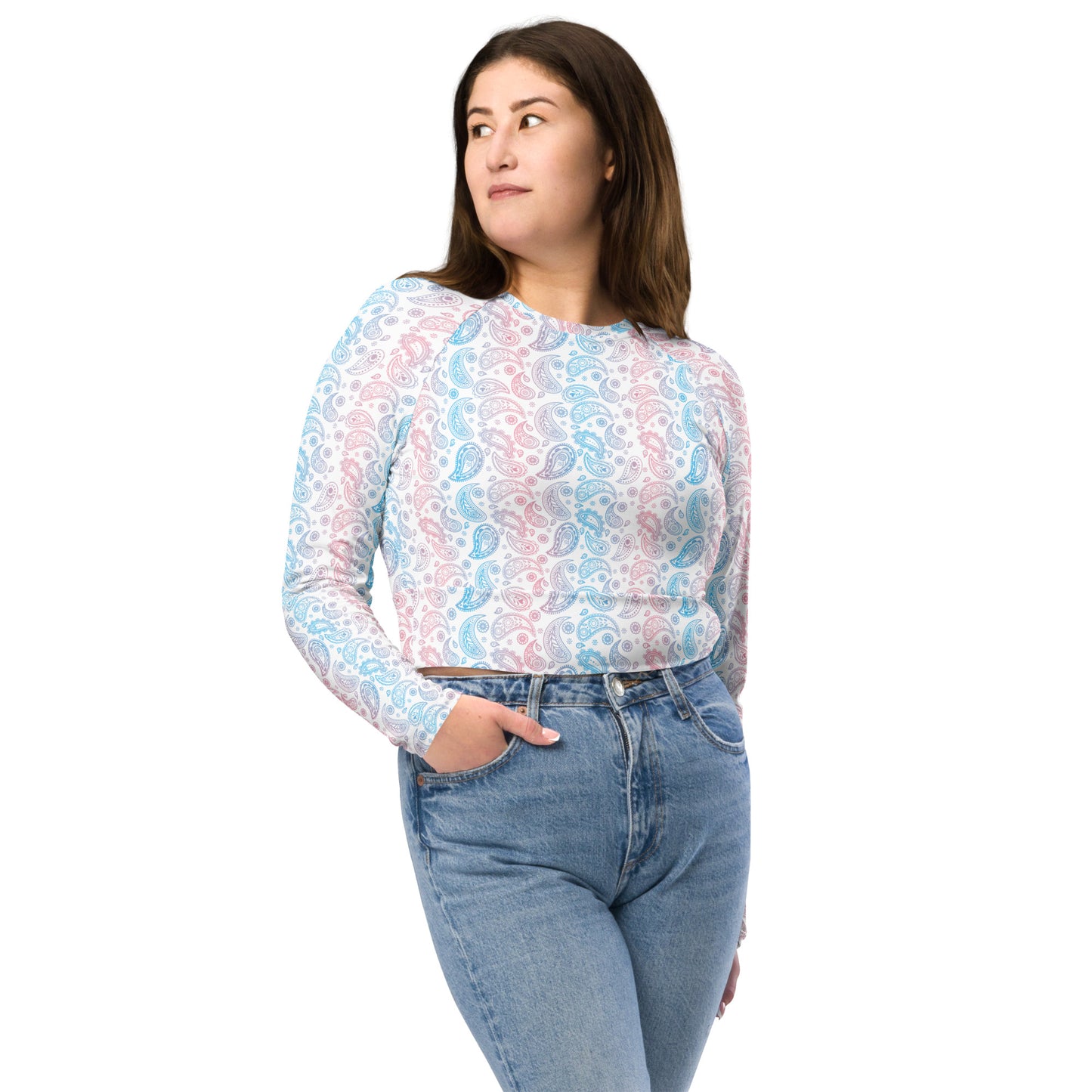 Transgender Pride Recycled Long Sleeve Crop Top - LGBTQIA Pink White Blue Flag Cropped Shirt - Parade Club Swimming