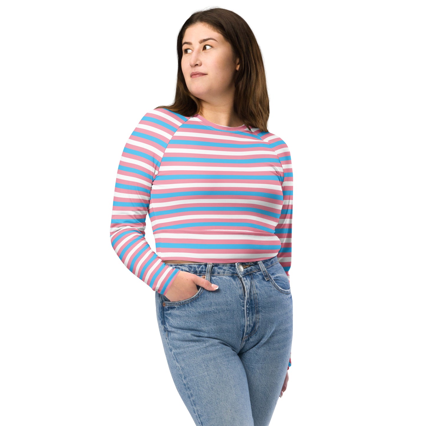 Transgender Pride Recycled Long Sleeve Crop Top - LGBTQIA Pink White Blue Flag Cropped Shirt - Parade Club Swimming