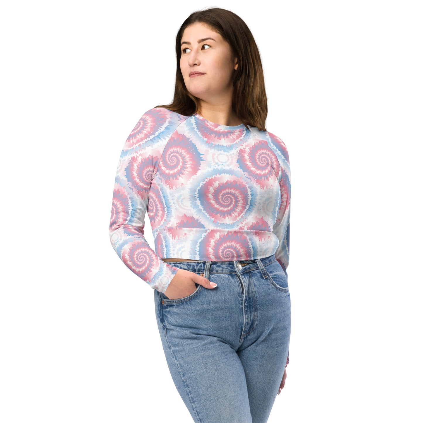 Transgender Pride Recycled Long Sleeve Crop Top - LGBTQIA Pink White Blue Flag Cropped Shirt - Parade Club Swimming