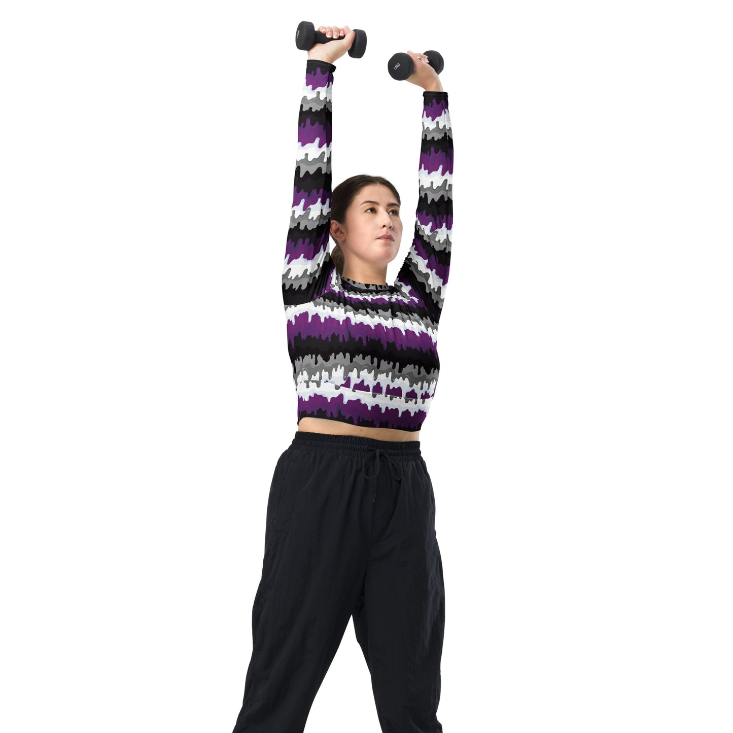 Asexual Pride Recycled Long Sleeve Crop Top - LGBTQIA Black, Gray, Purple, and White Flag Cropped Shirt - Parade Club Swimming