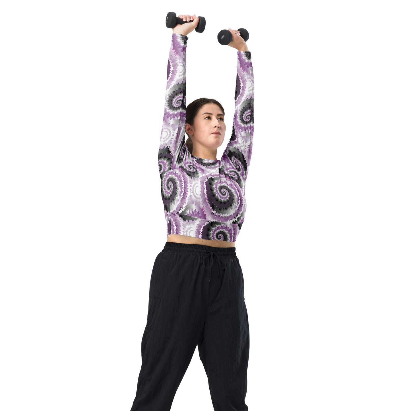 Asexual Pride Recycled Long Sleeve Crop Top - LGBTQIA Black, Gray, Purple, and White Flag Cropped Shirt - Parade Club Swimming