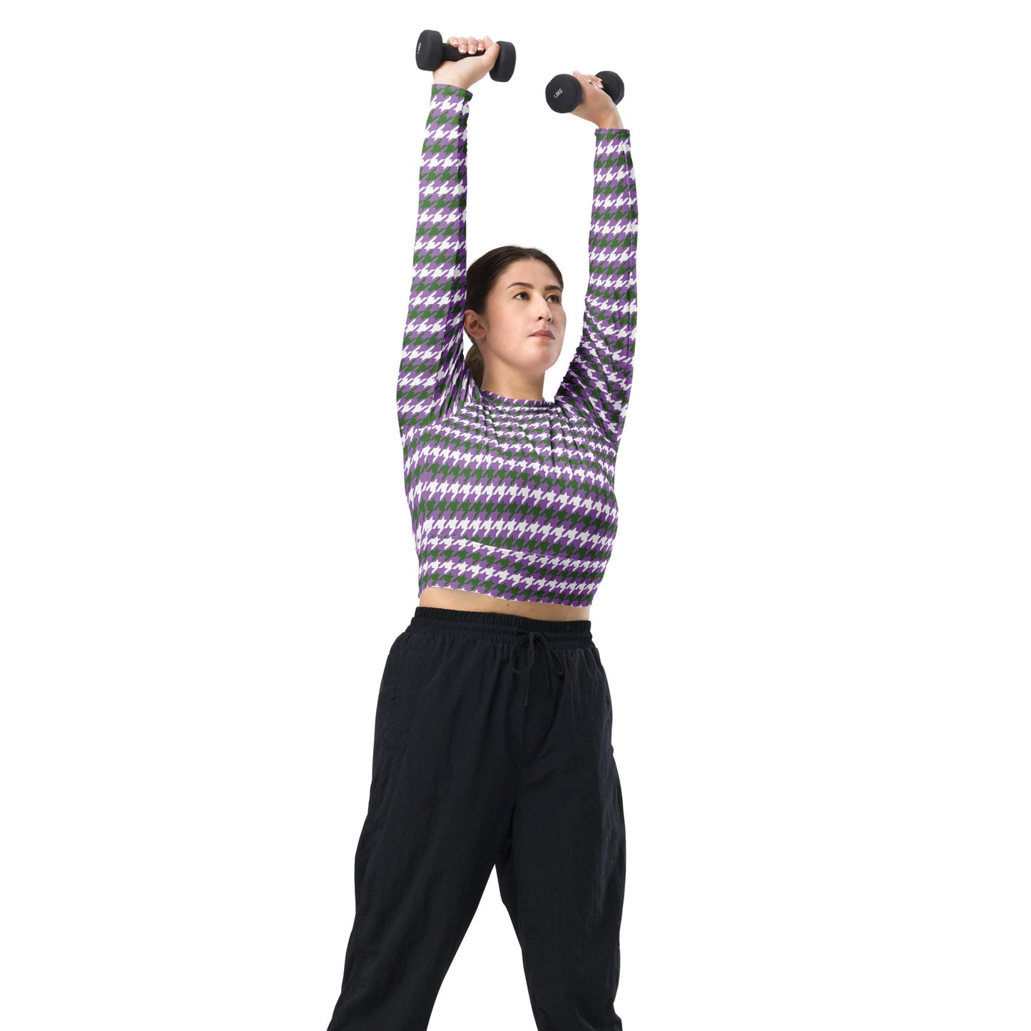 Gender Queer Pride Recycled Long Sleeve Crop Top - LGBTQIA Purple, White, Green Flag Cropped Shirt - Parade Club Swimming