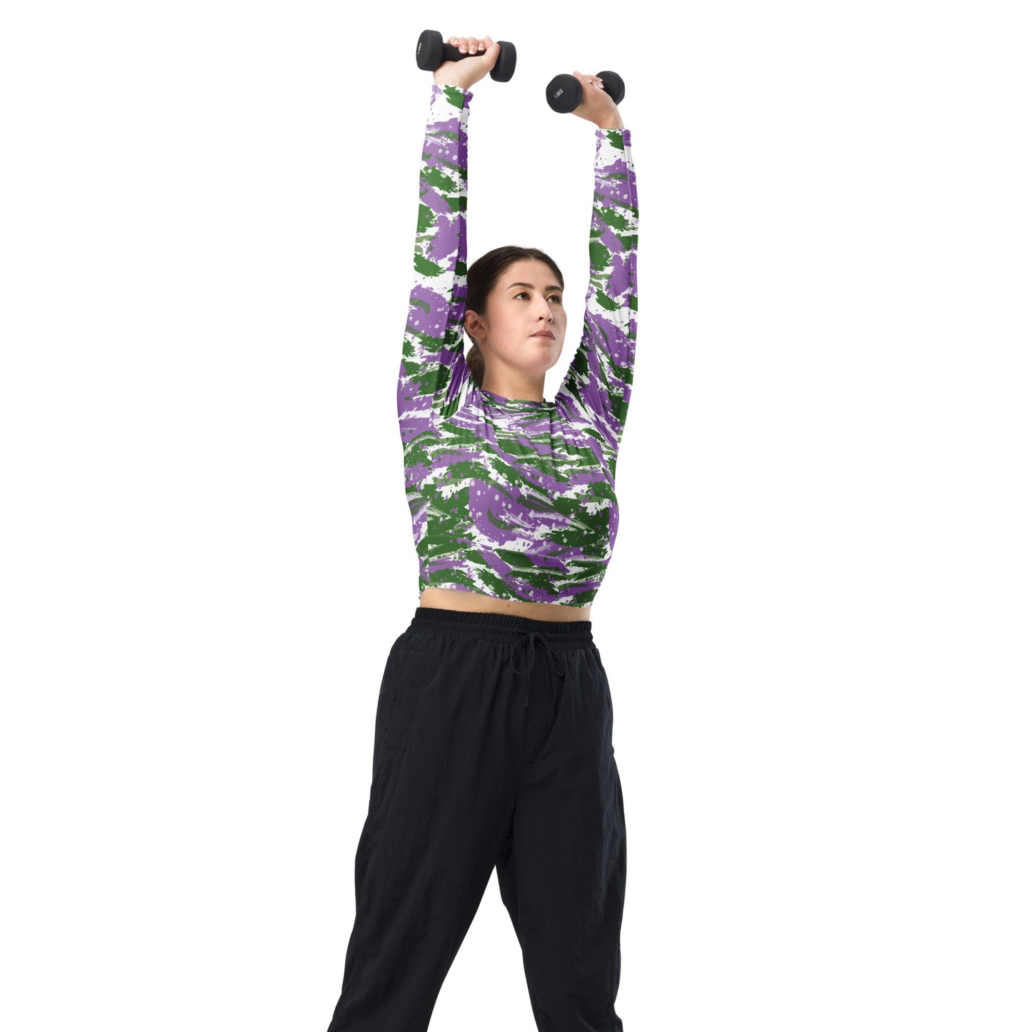 Gender Queer Pride Recycled Long Sleeve Crop Top - LGBTQIA Purple, White, Green Flag Cropped Shirt - Parade Club Swimming