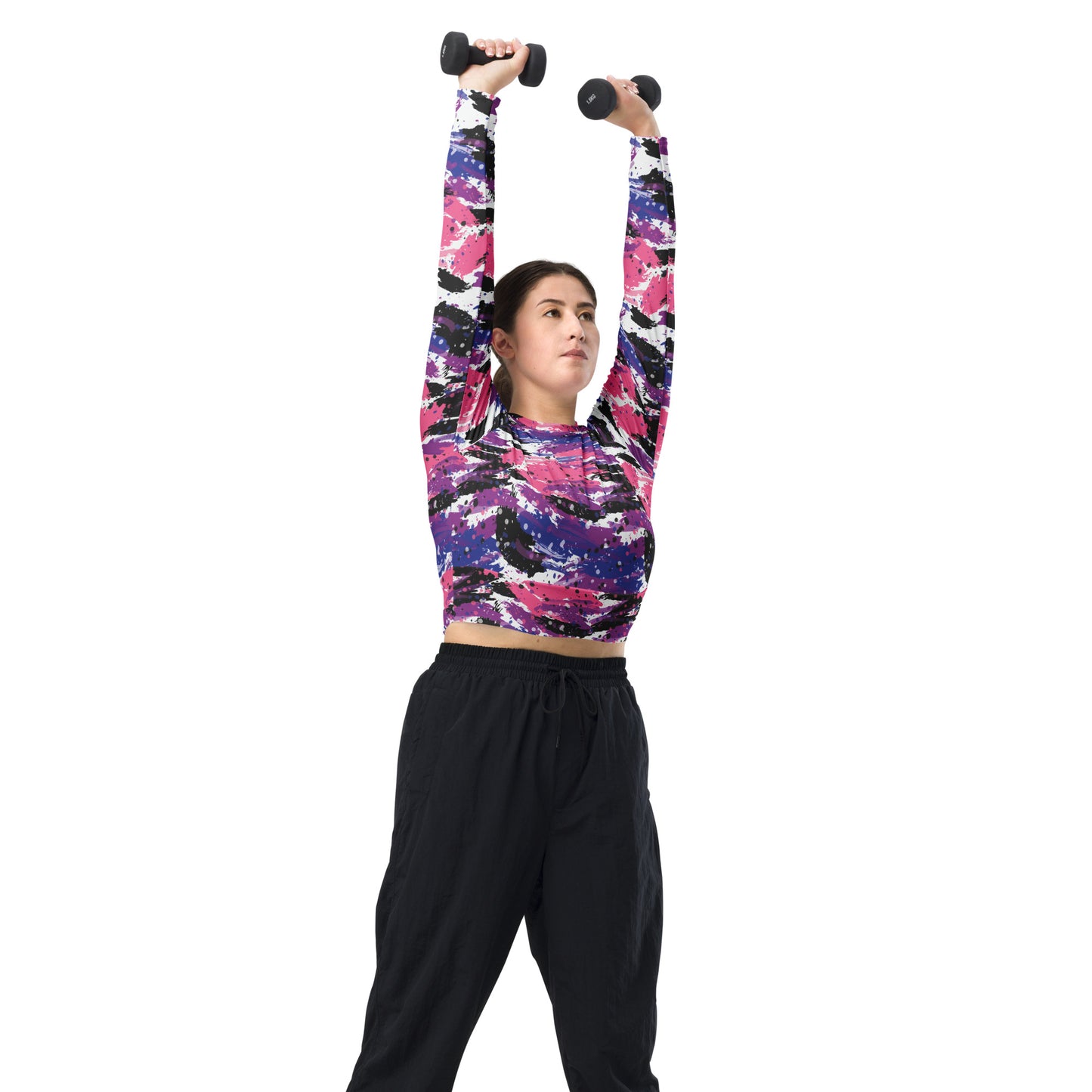 Genderfluid Pride Recycled Long Sleeve Crop Top - LGBTQIA Pink, White, Purple, Black, Blue Flag Cropped Shirt - Parade Club Swimming