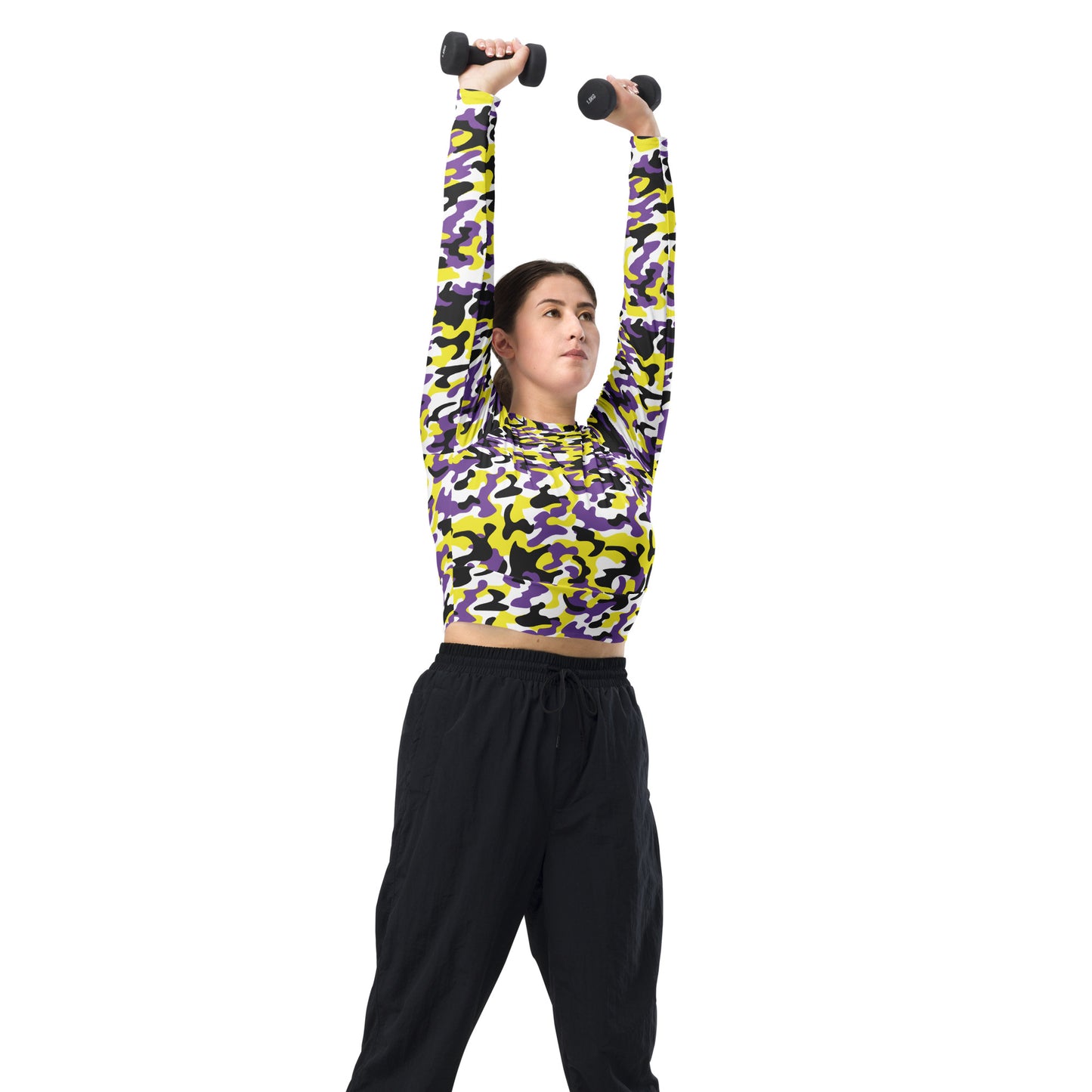 Non Binary Pride Recycled Long Sleeve Crop Top - LGBTQIA Yellow, Purple, White, Black Flag Cropped Shirt - Parade Club Swimming